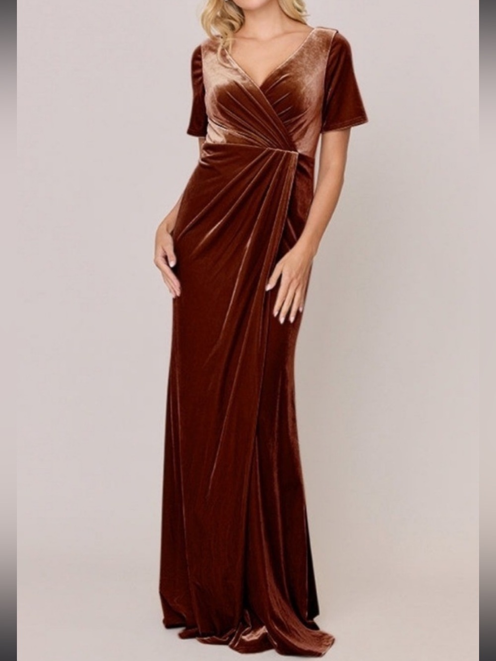 Reverly plus Elegant Brown Velvet Wrap Maxi Dress - Picture 1 of 10
